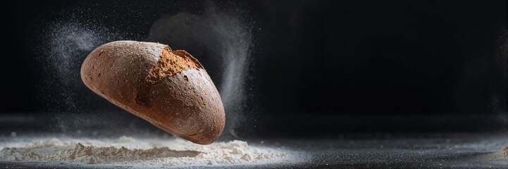 Homemade artisan rye bread crumbling into flour on a dark background, emphasizing baking craftsmanship