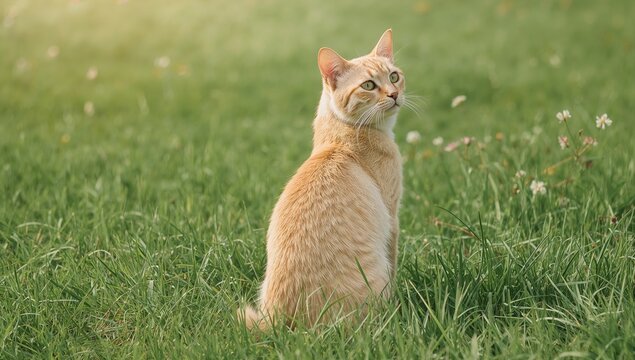 Yellow cat looking back, with a focus on feline alertness and curiosity, suitable for pet care backgrounds