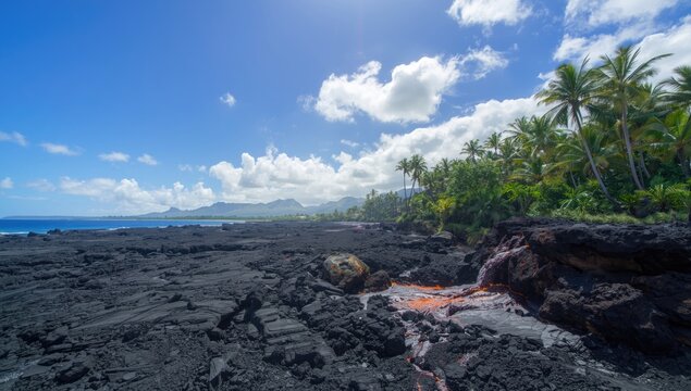 Vulcano on the Big Island of Hawaii during a vacation, flowing lava illuminating the night sky