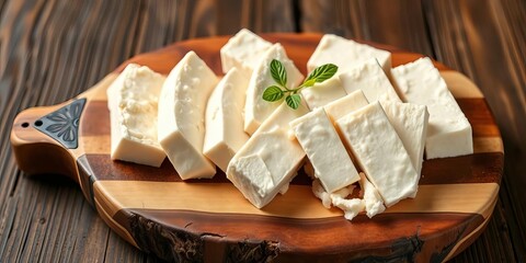 Creamy silken tofu spread on a rustic wooden board, dairy free, vegetarian