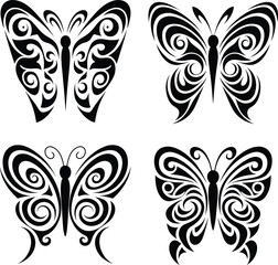 Tribal Butterfly Vector Set, Decorative Black Butterfly Tattoo Design