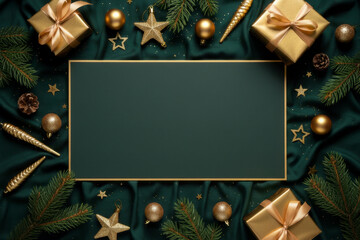 Elegant Christmas background with a central dark green copy space area framed by festive elements like pine boughs, golden ornaments, and wrapped gifts tied with gold ribbon. Perfect holiday template.