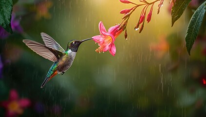 Fototapeta premium Hummingbird near a pink tropical flower, emphasizing pollination activity, Earth Day