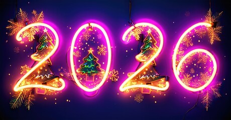 Bright neon digits display year 2026. Festive decorations include snowflakes, trees, pine branches. Vibrant purple background enhances glow.