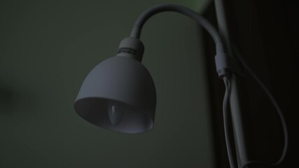 Modern floor lamp with a flexible gooseneck arm turning on and off. The lightbulb flickers, illuminating a dark room