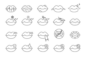 Lips and lip care routine icons set. Line vector, editable stroke. Beauty treatment, skincare, makeup, peeling lips, moisturizing.