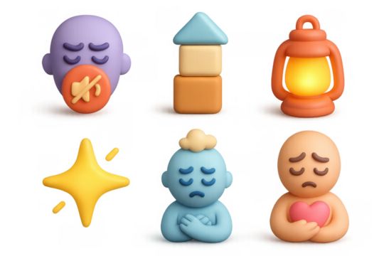 Whimsical emotional icons grid with simple shapes and soft colors for design and decoration