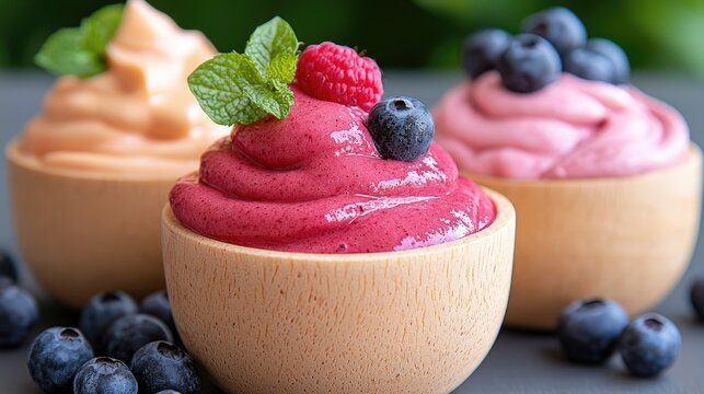 Assortment of Three Colorful Frozen Desserts Topped with Fresh Berries and Mint Leaves in Wooden Bowls on a Dark Surface in Soft Natural Light