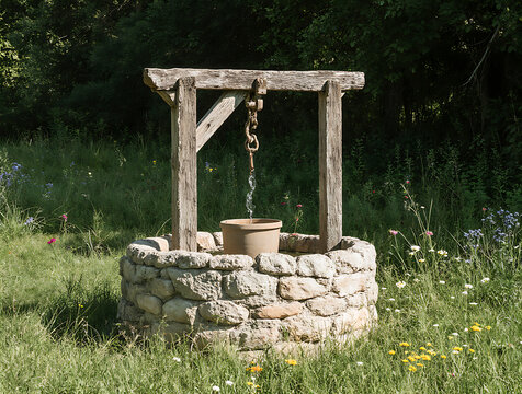 old stone village well with a bucket against the backdrop of a rural area