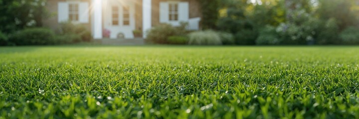 Fototapeta premium Green lawn with natural grass, weeds, and garden care activities, emphasizing maintenance and weed removal