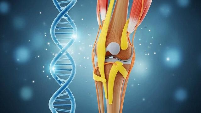 Human knee joint anatomy with D N A helix and glowing particles on blue background image