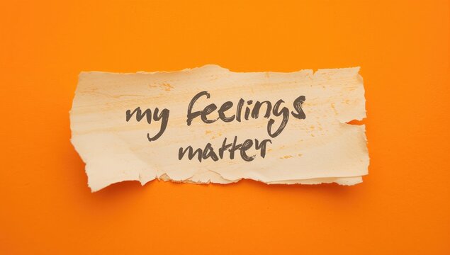 Torn note on orange backdrop featuring handwritten message My Feelings Matter, theme of self-affirmation