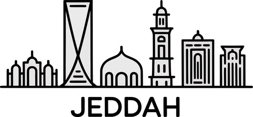Fototapeta premium Jeddah saudi arabia skyline landmark buildings outline illustration