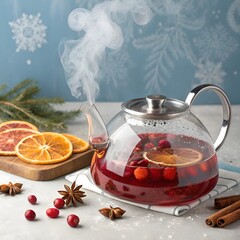 A sleek modern glass kettle filled with steaming cranberry punch, adorned with floating spices, orange slices, and fresh cranberries, set against a cool winter background with delicate swirling steam.