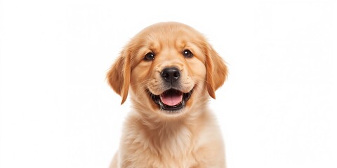 Close-up of a golden retriever puppy on a white background, highlighting youthful energy and playful demeanor