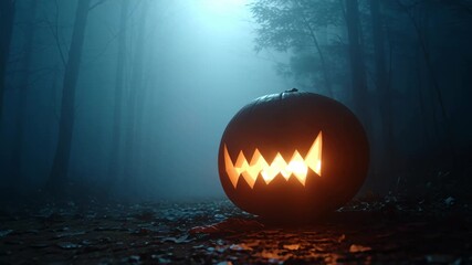 A glowing jack-o'-lantern sits in a dark, misty forest, creating a spooky Halloween atmosphere. - Powered by Adobe