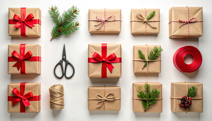 Holiday gift wrapping flatlay with brown paper, ribbon, twine, pine branches, and scissors on neutral background, creative christmas workspace design