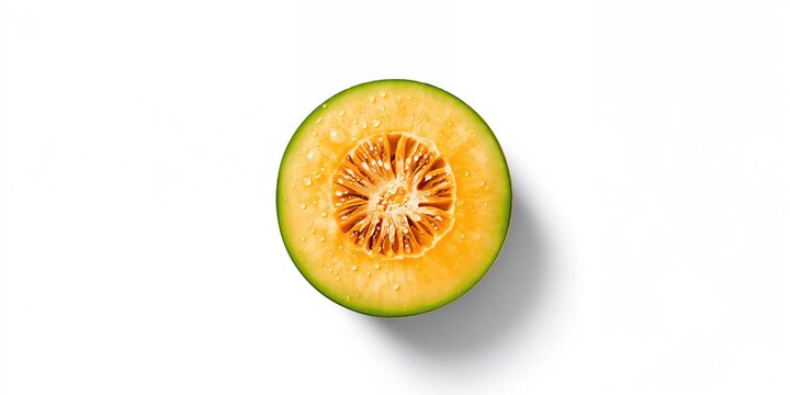 Cantaloupe melon cut in half on a white background, emphasizing fresh and healthy vegetarian options