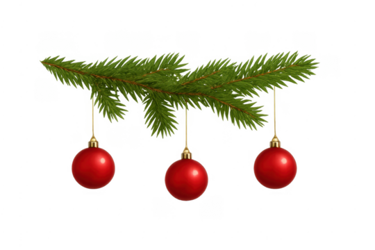 Fir branch with red christmas ornaments on transparent background