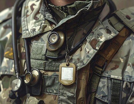 Close-up of Military Medic with Stethoscope and ID Badge. - Powered by Adobe