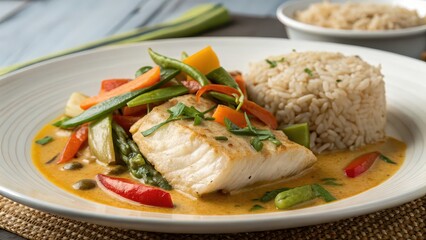 Seared fish fillet with stir-fried vegetables in red curry sauce and steamed rice, gourmet Thai-style dish for food delivery, restaurant promo, cooking blog, meal planner, menu design
