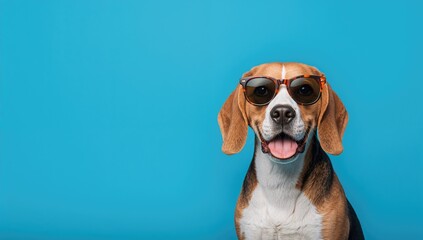 Beagle dog with sunglasses on blue background, emphasizing summer holiday themes and promotional space
