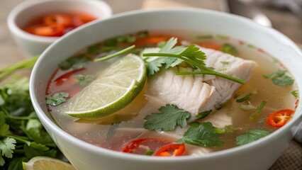 Spicy fish soup with lime wedges, chili slices and fresh cilantro in bowl, tangy Asian broth for food blog, healthy recipe app, traditional medicine, clean eating article visuals