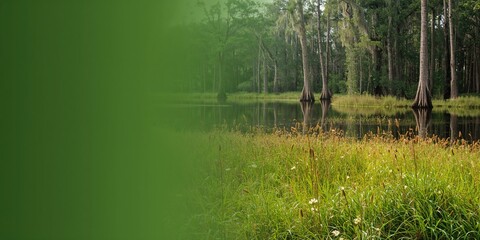 Fototapeta premium Frog swimming in a pond, emphasizing aquatic habitat for wildlife conservation