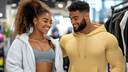 customer buying sportswear for fitness while discussing options with sales consultant in stylish modern sports clothing store, retail shopping, active lifestyle and fashion concept