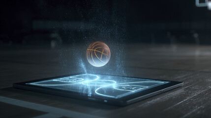 Digital Basketball Over Hologram Court Projected on Tablet Surface
