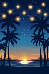 Tropical vertical night beach with glowing string lights, palm trees, mountains and sunset over the ocean. Relaxing summer evening vector illustration for travel, vacation, or resort themes