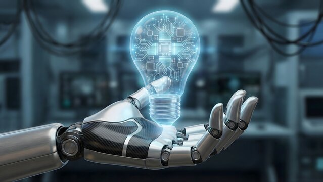 A sophisticated robotic hand holds a glowing light bulb containing a complex electronic circuit board, symbolizing Artificial Intelligence innovation and technological ideas. - Powered by Adobe