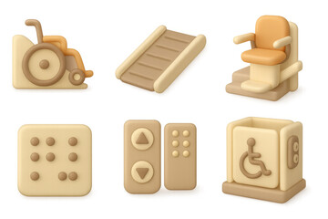 Accessible icon set featuring wheelchair, lift, braille, and accessibility symbols for inclusive design projects