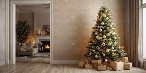 Christmas and New Year home decoration in white and golden colors, festive ornament arrangement for holiday celebrations