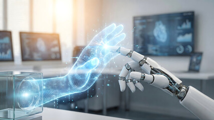 A robotic hand touches a glowing, holographic human hand in a high-tech office environment, symbolizing the merger of humanity and Artificial Intelligence.