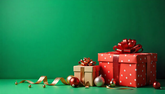3d festive Christmas gifts with red and gold accents on a green background scene 