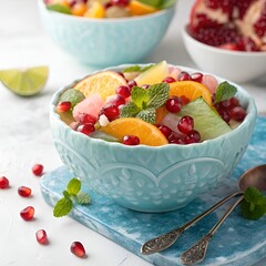 A vibrant winter fruit salad of pomegranate seeds, citrus slices, and fresh mint served in a carved ice bowl, set in a crisp frosty atmosphere with dramatic contrast.