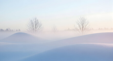 Serene winter landscape with snow covered hills and misty trees