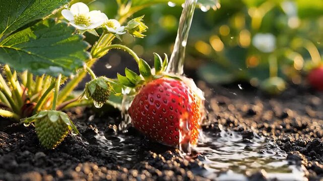 Close up of a ripe strawberry being watered in a garden bed.