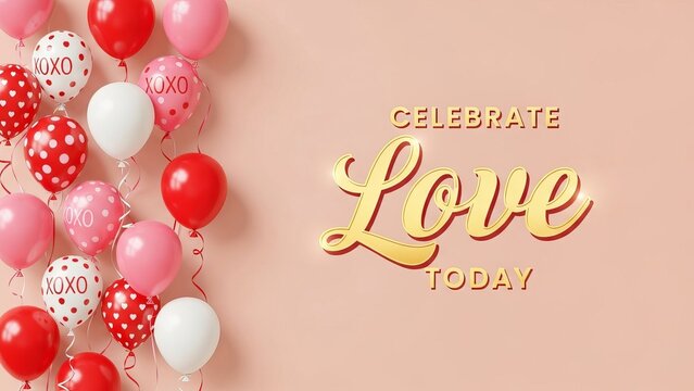 A collection of pink and red balloons with celebrate love today text on a light pink background - Powered by Adobe