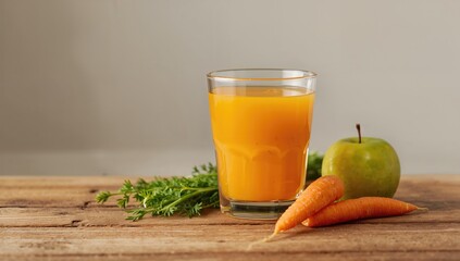 Fototapeta premium Glass of fresh juice with apple and carrot slices on a table, emphasizing nutrient-rich ingredients
