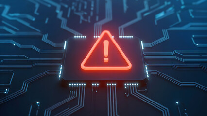 Cybersecurity alert glowing on circuit board signals urgent computer system vulnerability and network breach