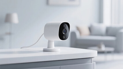 A white security camera sits against a minimalist background; its modern design and tech-style appearance present an aesthetic atmosphere of smart protection.
