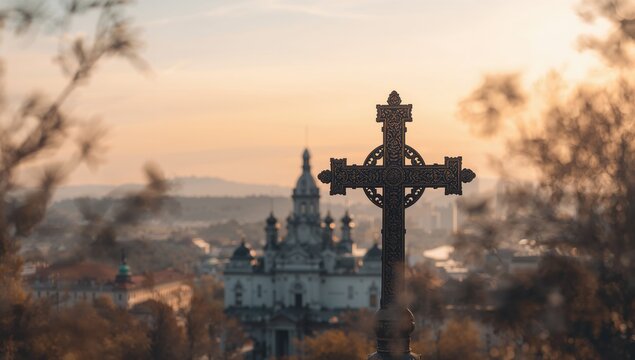 Russian Orthodox cross at the Slavin monument in Bratislava, Slovakia, serving as a historical memorial site