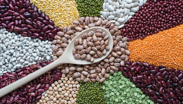 Assortment of Dried Beans and Legumes in a Colorful Radial Pattern.