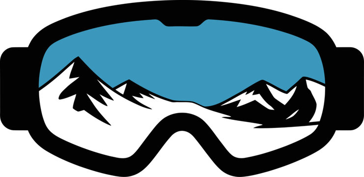 Ski goggles reflecting a snowy mountain landscape