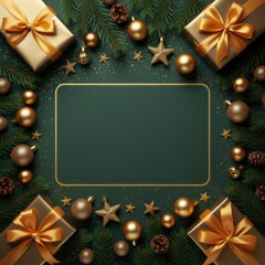 Elegant Christmas background with a central dark green copy space area framed by festive elements like pine boughs, golden ornaments, and wrapped gifts tied with gold ribbon. Perfect holiday template.