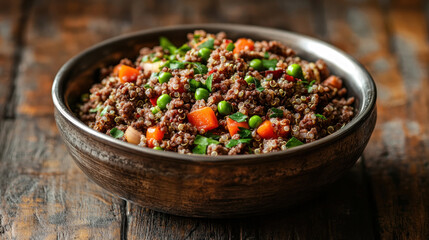 A delicious dish of red quinoa and vegetables, served rustically in a wooden bowl.  