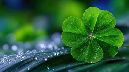Close-up of a four-leaf clover with water droplets on a leaf, set against a blurred green nature background.