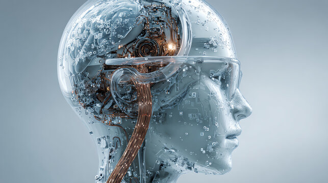 A futuristic representation of an intelligent robotic head showcasing advanced circuitry and complex design.
